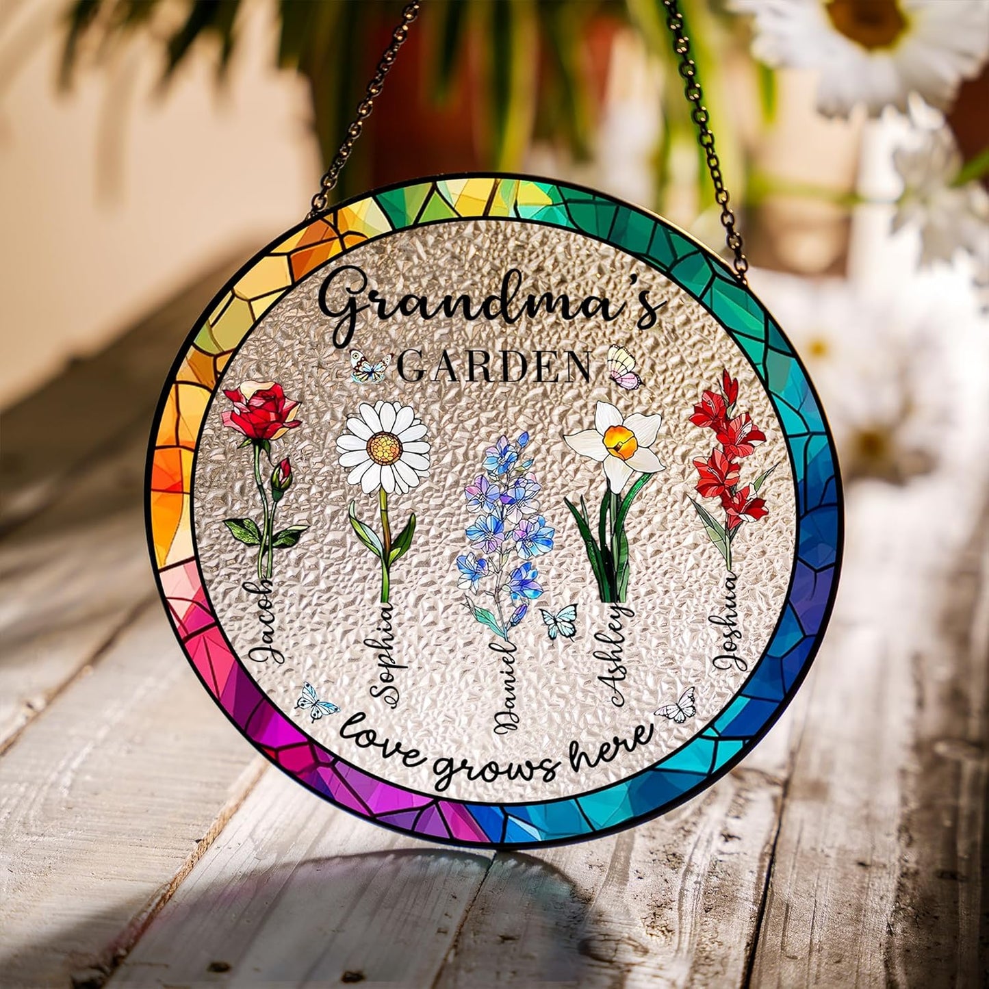 LOVELYPOD Custom Grandma Birth Flowers Stained Glass Window Sun Catcher, Grandmas Garden Sun Catcher, Birthday, Personalized Window Hanging Ornament, Mom