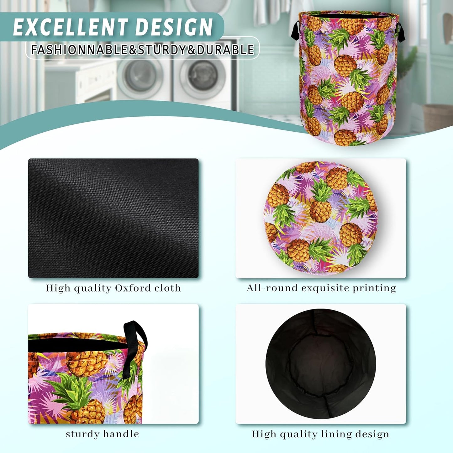 Tropical Pineapples Laundry Basket Foldable With Handles Palm Leaves Tote Bag Oxford Cloth Colorful Laundry Hamper Clothes Toy Storage Bucket For Bathroom/Laundry/Bedroom 18.9" x 16.5 "