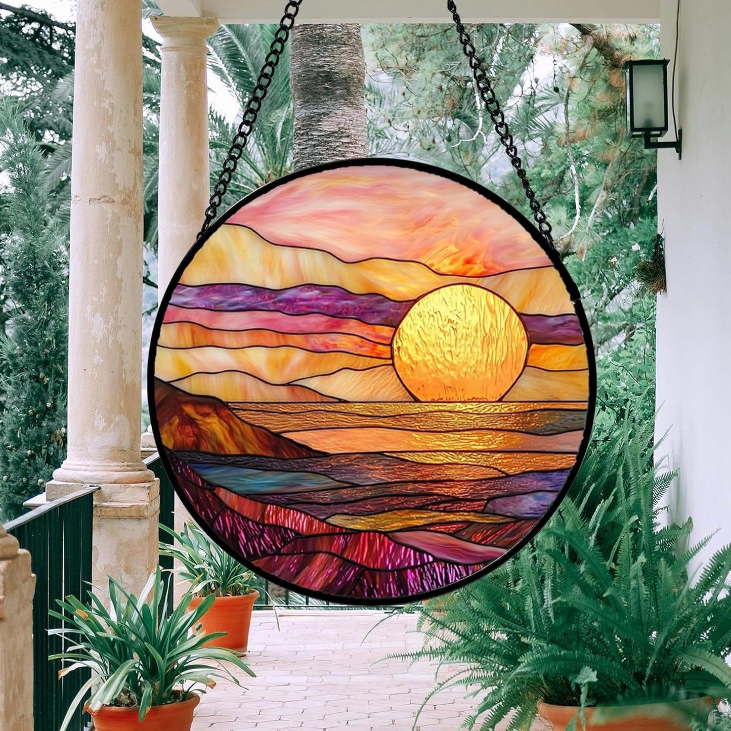 Stained Glass Window Hanging, Sparkling Sea Suncatcher Diamond Glass Panel Hangings Scenery Sun Catchers Decor for Birthday for Women, Men, Wife, Aunt, and Mom 7.8 in