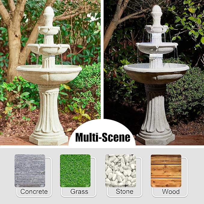 Glitzhome Water Fountain Outdoor Floor-Stand Fountains with LED Light & Pump, Oversized 3 Tier Terrazzo Waterfalls Patio Fountain and Waterfalls Outdoor Yard Fountains for Lawn Garden Backyard Deck