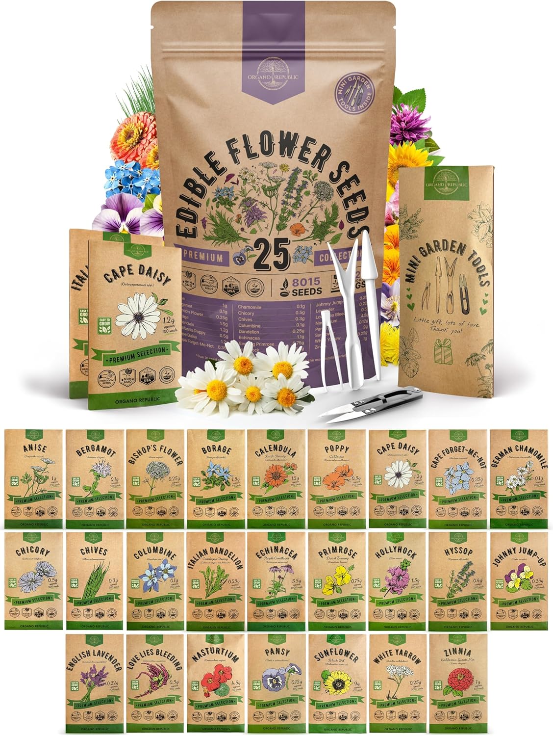 Organo Republic 25 Edible Flower Seeds Variety Pack for Indoor Outdoor Gardening - 8,000+ Non-GMO Heirloom Flower Seeds: Anise, Hyssop, Nasturtium, Pansy, Echinacea, Lavender, Chives & More