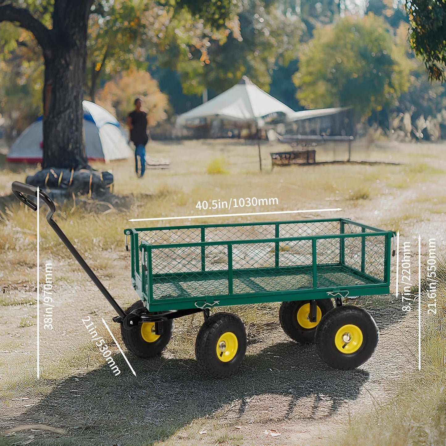Finnhomy Heavy Duty 1000 Lbs Capacity Mesh Steel Garden Cart, Pullable Garden Wagons Carts on Wheels, Folding Utility Wagon with Removable Sides for Outdoor, Yard, Lawn, Green