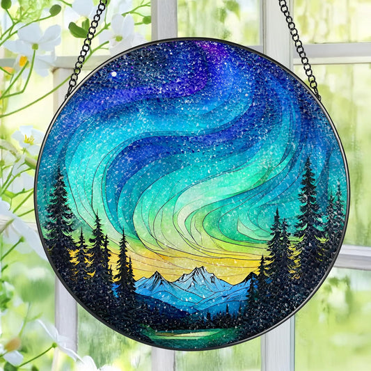 Stained Glass Window Hanging - 8 Inch Northern Lights Suncatcher for Window Doors Home Decoration