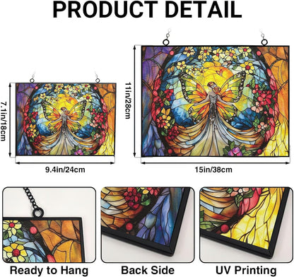 Personalized Rectangle Butterfly Fairy Stained Glass Suncatcher Stained Glass Window Hanging Home Decor Garden Halloween Christmas Wedding Housewarming Gifts