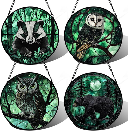 Stained Glass Window Hanging 4 Pcs Set Green Forest Night Sky Wildlife 7.8" - Suncatcher Door