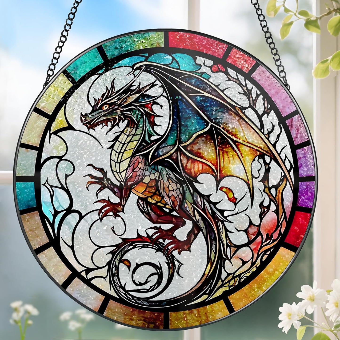 8 Inch Stained Glass Suncatcher Ornament, DOUHASU Dragon Sun Catchers Indoor Window, Stained Glass Window Hanging, Home Decor, Dragon Lovers Gifts for Men, Dad, Husband, Boyfriend