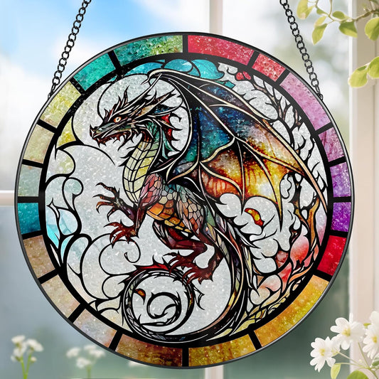 8 Inch Stained Glass Suncatcher Ornament, DOUHASU Dragon Sun Catchers Indoor Window, Stained Glass