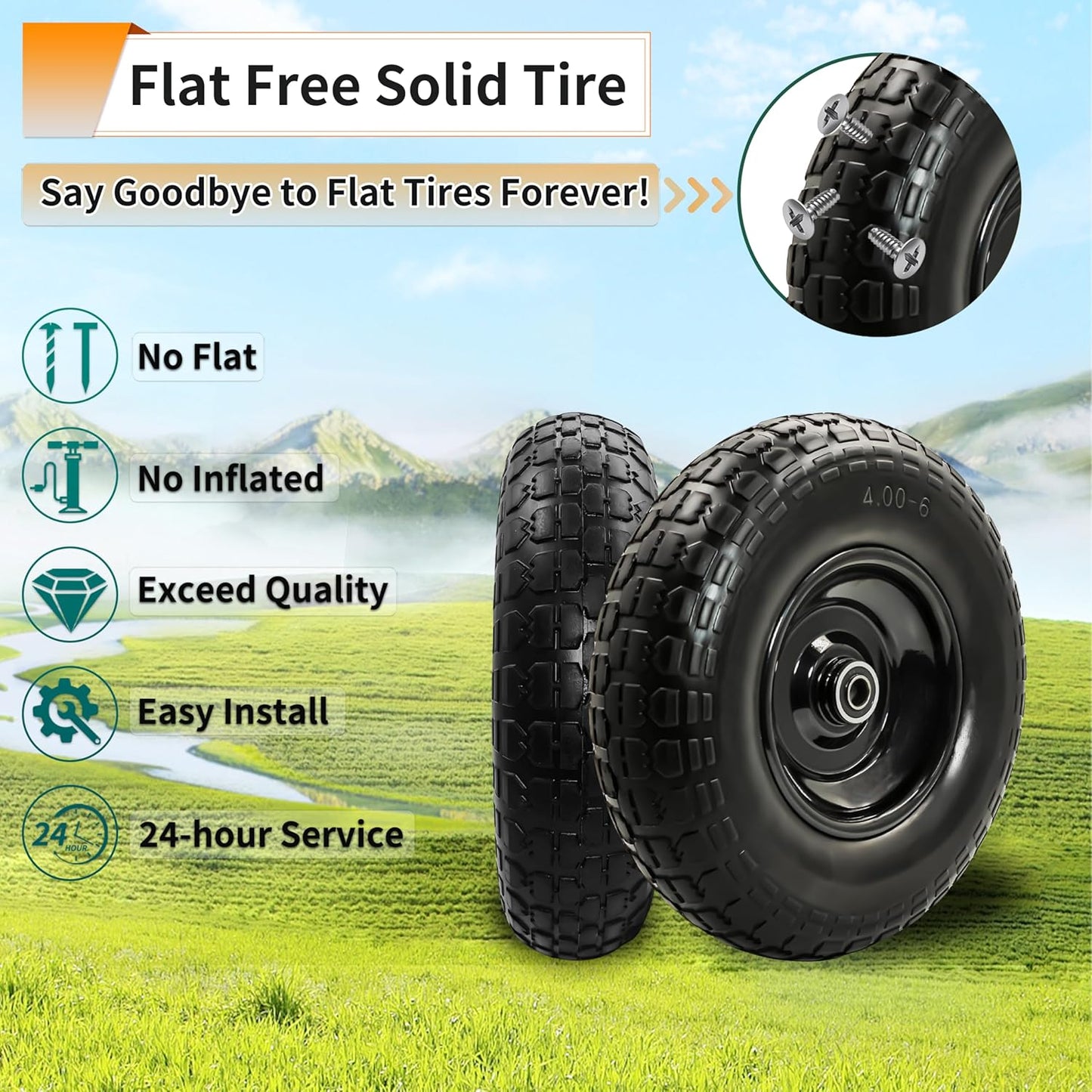 2PC 4.00-6 Flat-Free Tires and Wheels,13" Rubber Solid Tire, with 5/8" & 3/4" Bearing, 1.8"-5.8" Centered Hub Length, 4.00-6 tire and wheel Fit for Gorilla Cart, Garden Cart/Hand Truck/Wheelbarrowetc.