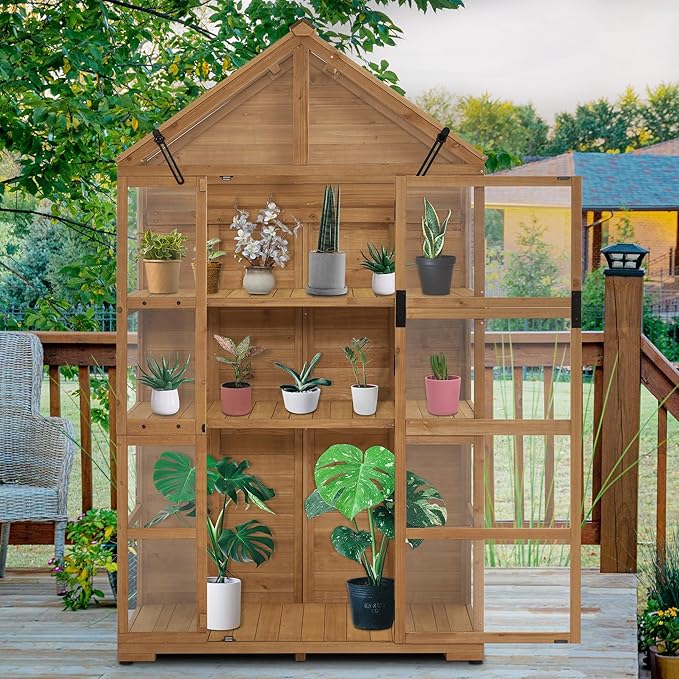 MCombo Wooden Greenhouse Outdoor with Openable Roof Vent and Adjustable Shelves, 0826 (Natural)