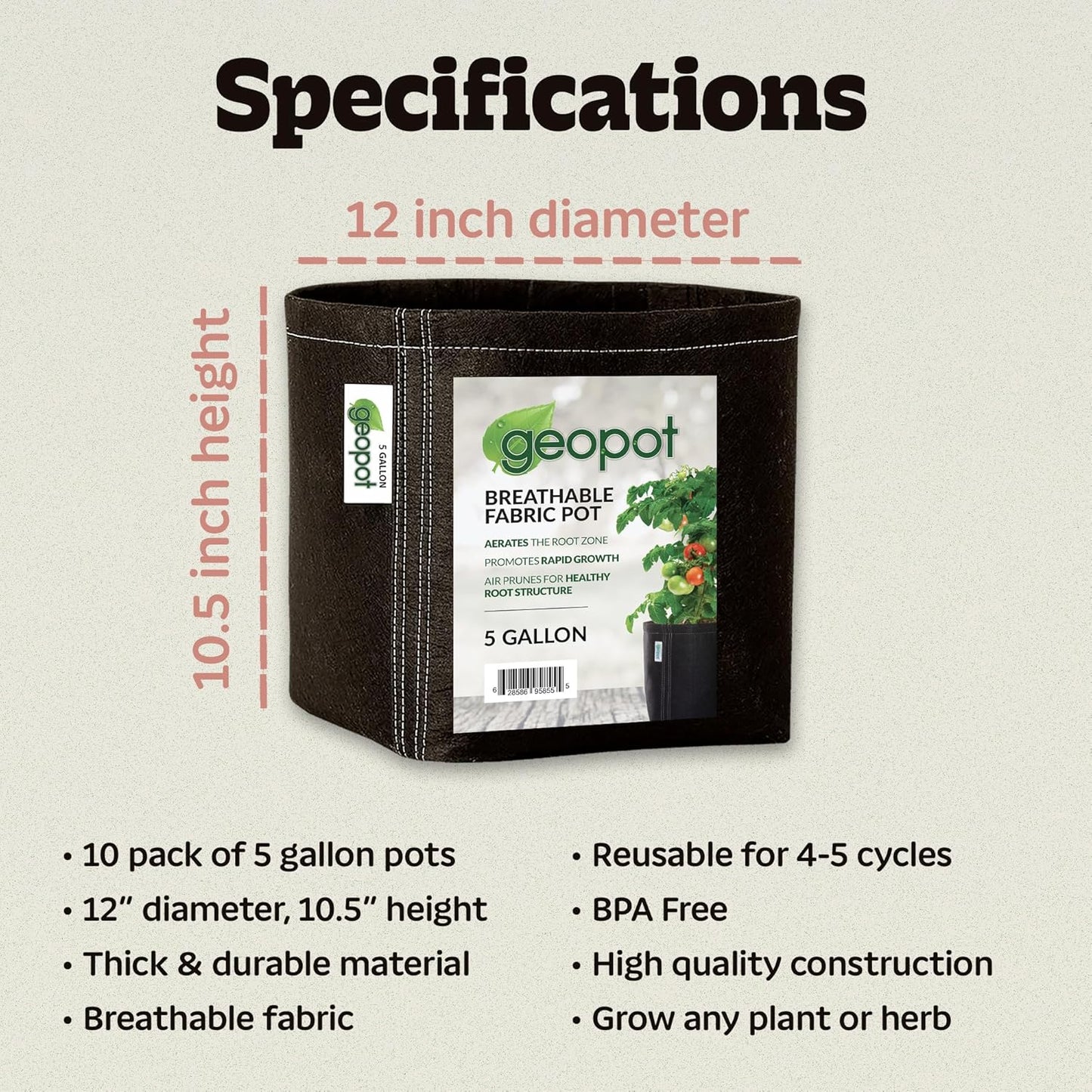 GeoPot 5 Gallon Fabric Grow Bags for Vegetables, Houseplants, Herbs & Flowers | 10-Pack | Fabric Pots for Outdoors and Indoors, Aerated Fabric Grow Bags