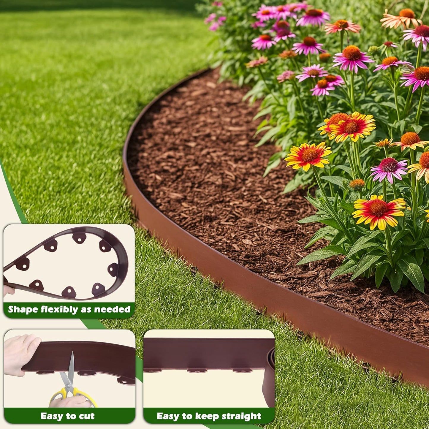 Gardzen Landscape Edging Kit, 40-Foot Long, 3-Inch Tall, No Dig Garden Edging Border for Flower Beds, Tree Rings, Pathways, Includes 40 Spikes, Brown
