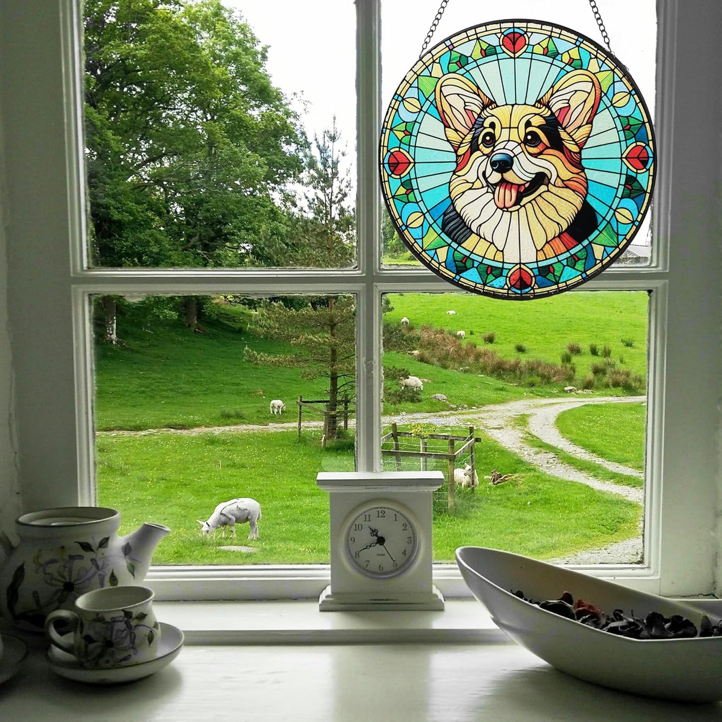 Stained Glass Dog Memorial Suncatcher,Corgi Window Hanging,Sympathy Gifts for Pet Loss,7.9 inch/20 cm Home and Garden Decor for Dog Lovers (Corgi)