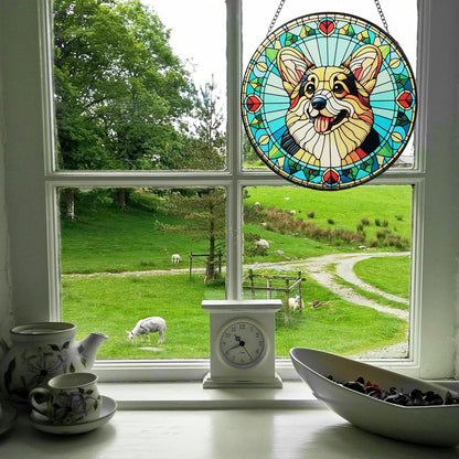 Stained Glass Dog Memorial Suncatcher,Corgi Window Hanging,Sympathy Gifts for Pet Loss,7.9 inch/20 cm Home and Garden Decor for Dog Lovers (Corgi)