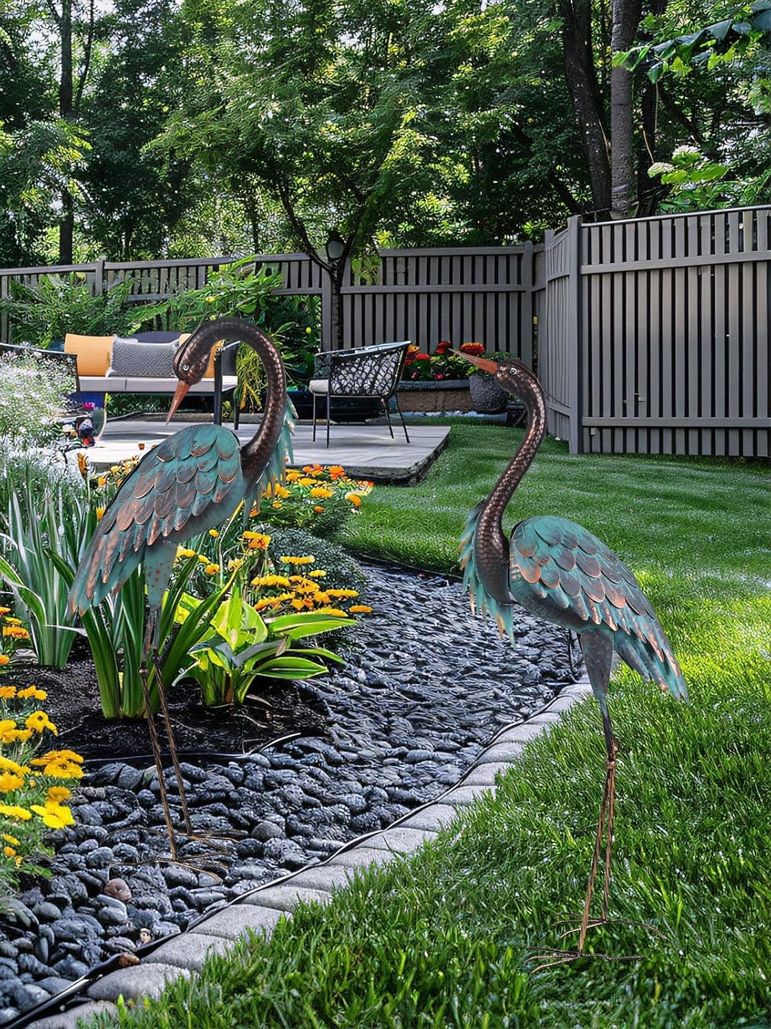 YEAHOME Garden Decor Outdoor Statues, 40"/37" Large Metal Heron Standing Yard Art, Blue Crane Lawn Sculptures Garden Decor for Outside Patio Porch Backyard, Set of 2