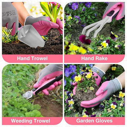 WORKPRO 5PCS Garden Tool Set, Powder Coating Compact Aluminum Gardening Tool Set with Repotting Mat, Outdoor Garden Hand Tools, Ideal Gardening Gift, Pink Ribbon