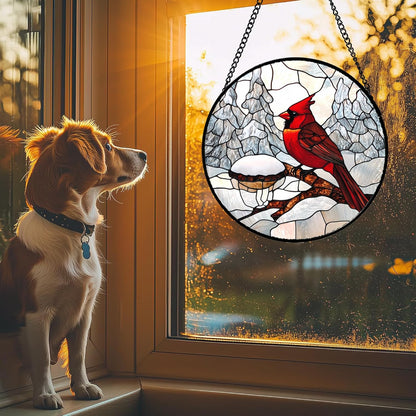Stained Glass Window Hanging Cardinal Bird Winter Snow Scene 6.3" - Suncatcher Door Garden Sunroom Sun Catcher Home Decor Birthday Christmas for Mom Men Woman Nana