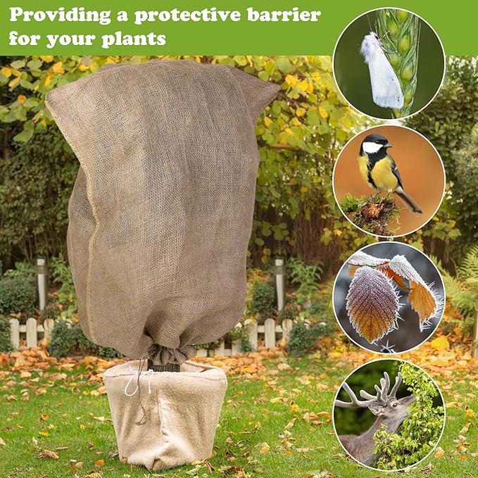 8 Packs Winter Burlap Plant Covers Bags 23.6 x 39.4 Inch Large Burlap Sack Plant Blanket with Drawstring Reusable Warm Plant Frost Cloth Cold Freeze Blanket for Outdoor Fruit Tree Potted Plants