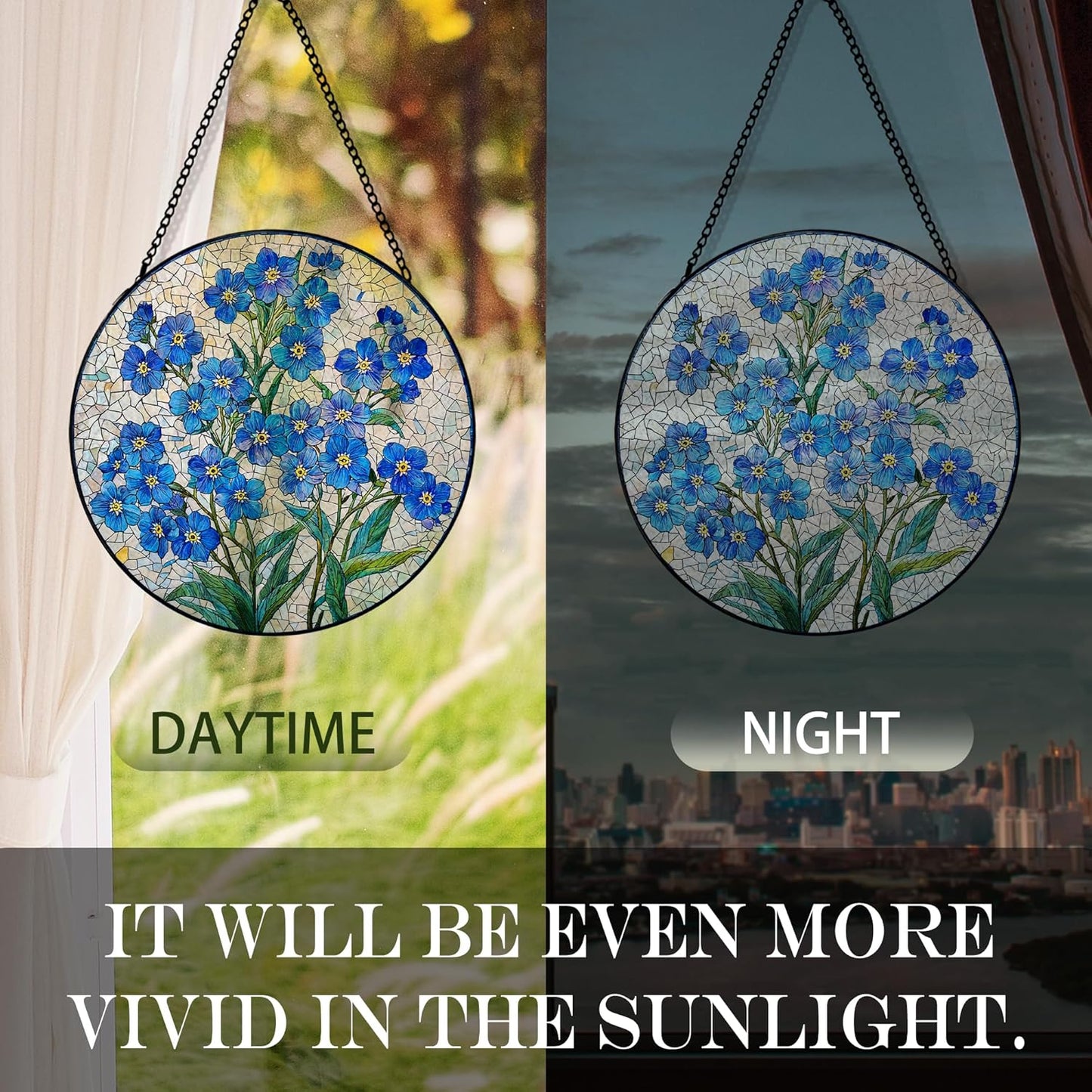 Blue Forget Me Not Flower Suncatcher Stained Glass Window Hanging, Blue Floral Sun Catchers Indoor Window Glass Round Wall Decor, Floral Wall Art Hanging Decorations, ＂7.8x7.8＂