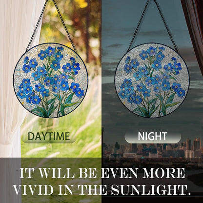 Blue Forget Me Not Flower Suncatcher Stained Glass Window Hanging, Blue Floral Sun Catchers Indoor Window Glass Round Wall Decor, Floral Wall Art Hanging Decorations, ＂7.8x7.8＂