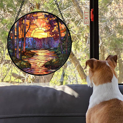 Stained Glass Window Hanging, Orange Landscape Green Purple Lake Forest Suncatcher for Doors Window Home Sun Catchers Decor Mother's Day Birthday Gifts for Women Men Mom 6.3 in