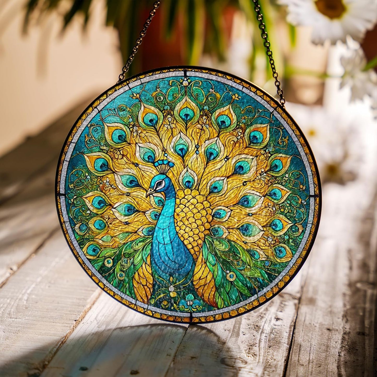 Peacock Stained Glass Suncatchers Wall Art Decor Exotic Birds Sun Catcher Nature Themed Window Garden for Animal Peacock Lovers Women Grandma Mom Painted Glass Panel Patio Décor