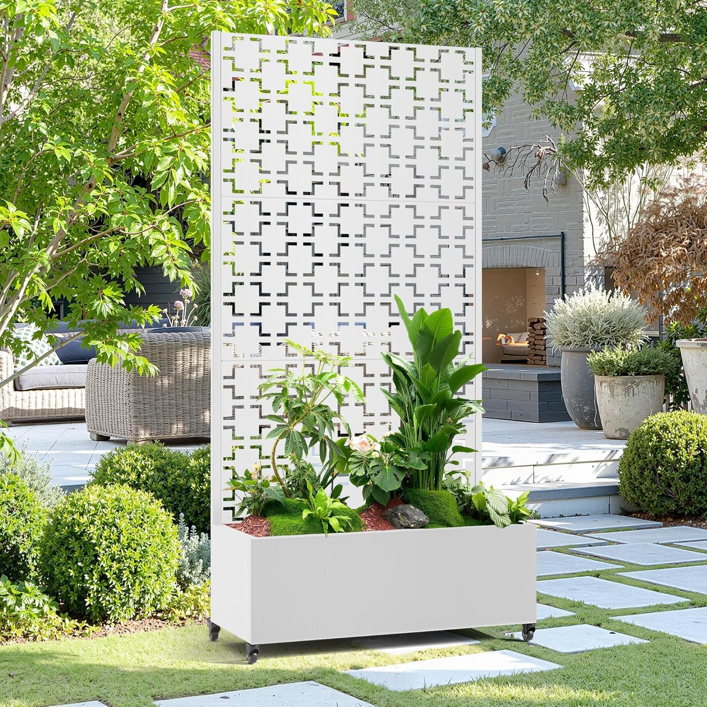 15.7"×70.9"×35.4" Metal Raised Garden Bed with Trellis and Wheels - Tall Trellis Planter Box for Climbing Plants, Vegetables & Vines - Outdoor Privacy Planters for Patio (White-Square)