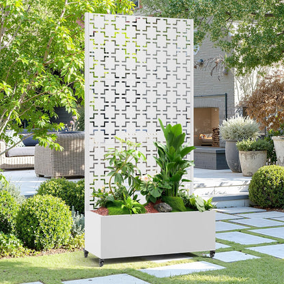 15.7"×70.9"×35.4" Metal Raised Garden Bed with Trellis and Wheels - Tall Trellis Planter Box for Climbing Plants, Vegetables & Vines - Outdoor Privacy Planters for Patio (White-Square)