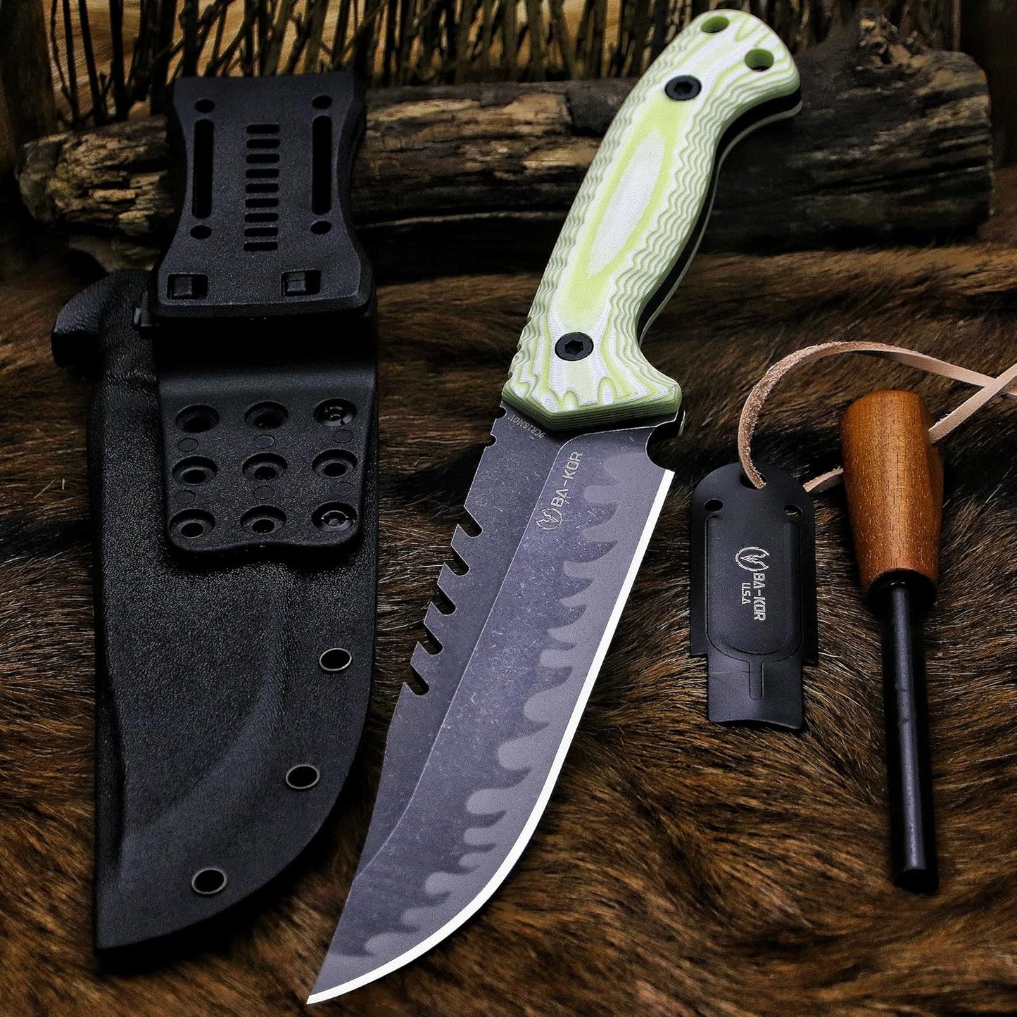 BA-KOR 12.4in Full Tang Fixed Blade Hunting Knife – 6mm 9CR18MoV Steel, G10 Handle, Stonewashed Sawback Blade with Kydex Sheath & Fire Starter for Outdoor, Camping, Survival (White with light green stripes)