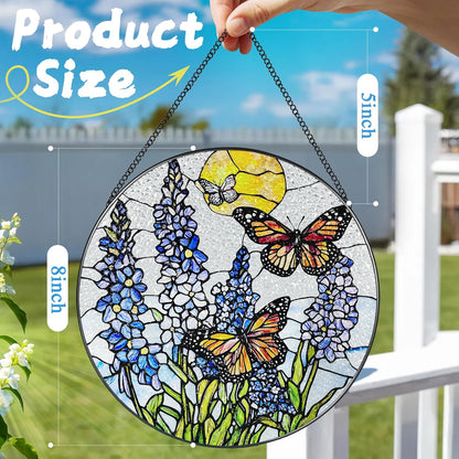 Stained Glass Window Hanging, 8 Inch Lavender & Butterfly Sun Catcher Decor, Stained Glass Ornament, Suncatchers for Windows Hanging, Window Decor, Gifts for Butterfly Lovers, Flower Lovers Gifts