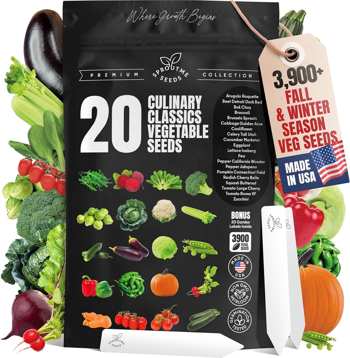 20 Vegetable Seeds For Planting Indoor Outdoor Variety Pack Home Garden Starter Kit Plant Marker 3900+ Non-GMO Heirloom Broccoli Cabbage Zucchini Cauliflower Pumpkin Celery Pea Cucumber Tomato Arugula