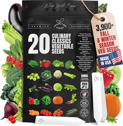 20 Vegetable Seeds For Planting Indoor Outdoor Variety Pack Home Garden Starter Kit Plant Marker 3900+ Non-GMO Heirloom Broccoli Cabbage Zucchini Cauliflower Pumpkin Celery Pea Cucumber Tomato Arugula
