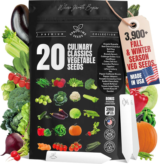 20 Vegetable Seeds For Planting Indoor Outdoor Variety Pack Home Garden Starter Kit Plant Marker 3900+ Non-GMO Heirloom Broccoli Cabbage Zucchini Cauliflower Pumpkin Celery Pea Cucumber Tomato Arugula