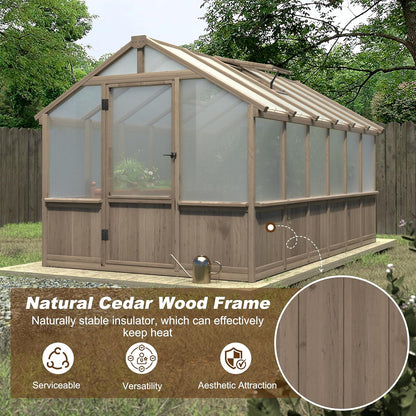 8x12 FT Greenhouse Kit with 6MM Thick Polycarbonate Panel for Outdoor, Wooden Walk-in Green House with Adjustable Roof Vent and Lockable Door, Backyard, Garden, Light Mocha Brown