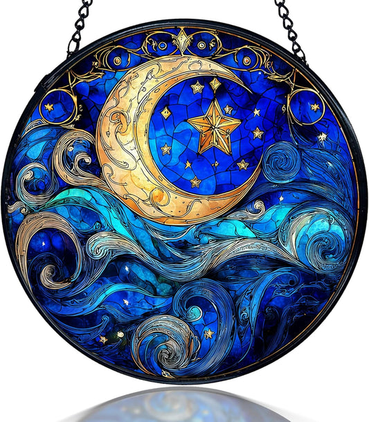 kdqua Moon and Star Suncatcher Stained Glass Window Hanging, Blue Celestial Astronomy Sun Catchers