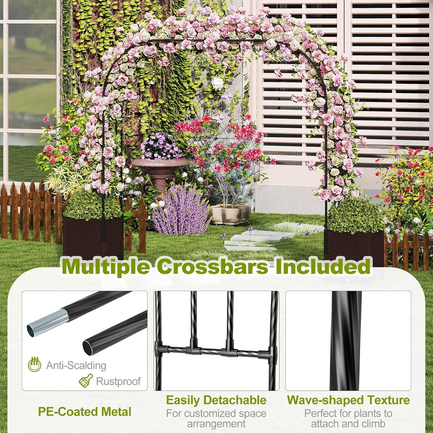 Happygrill 80" Garden Arch Trellis, Metal Archway Pergola with 2 Planter Boxes, Detachable PE-Coated Metal Tubes, Self-Watering System & Lockable Wheels, Outdoor Arbor for Climbing Plants