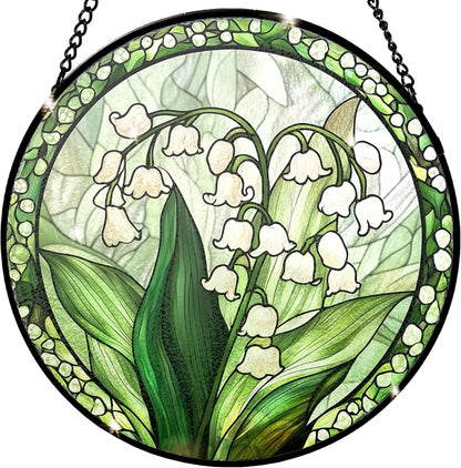 Lily of the Valley Stained Glass Sun Catcher - Handmade 7.87 inches stained glass window hanging decoration with green plant pattern, home decoration, a unique gift for colleagues, friends and family.