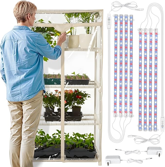 Carpathen Indoor Greenhouse with Grow Lights - 4 Tiers 27.2"L x 19.3"W x 54"H with 2 Dimmable 15W Full Spectrum LED Light Strips and Spectrum Control - Mini Greenhouse with Waterproof Zipped PVC Cover