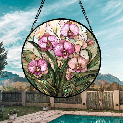 Stained Glass Window Hanging - Pink Phalaenopsis Orchid Green Leaves Sun Catcher for Door Home Decor Flower Suncatcher Christmas Mother's Day Birthday Gifts for Women Men Mom Nana 15 in