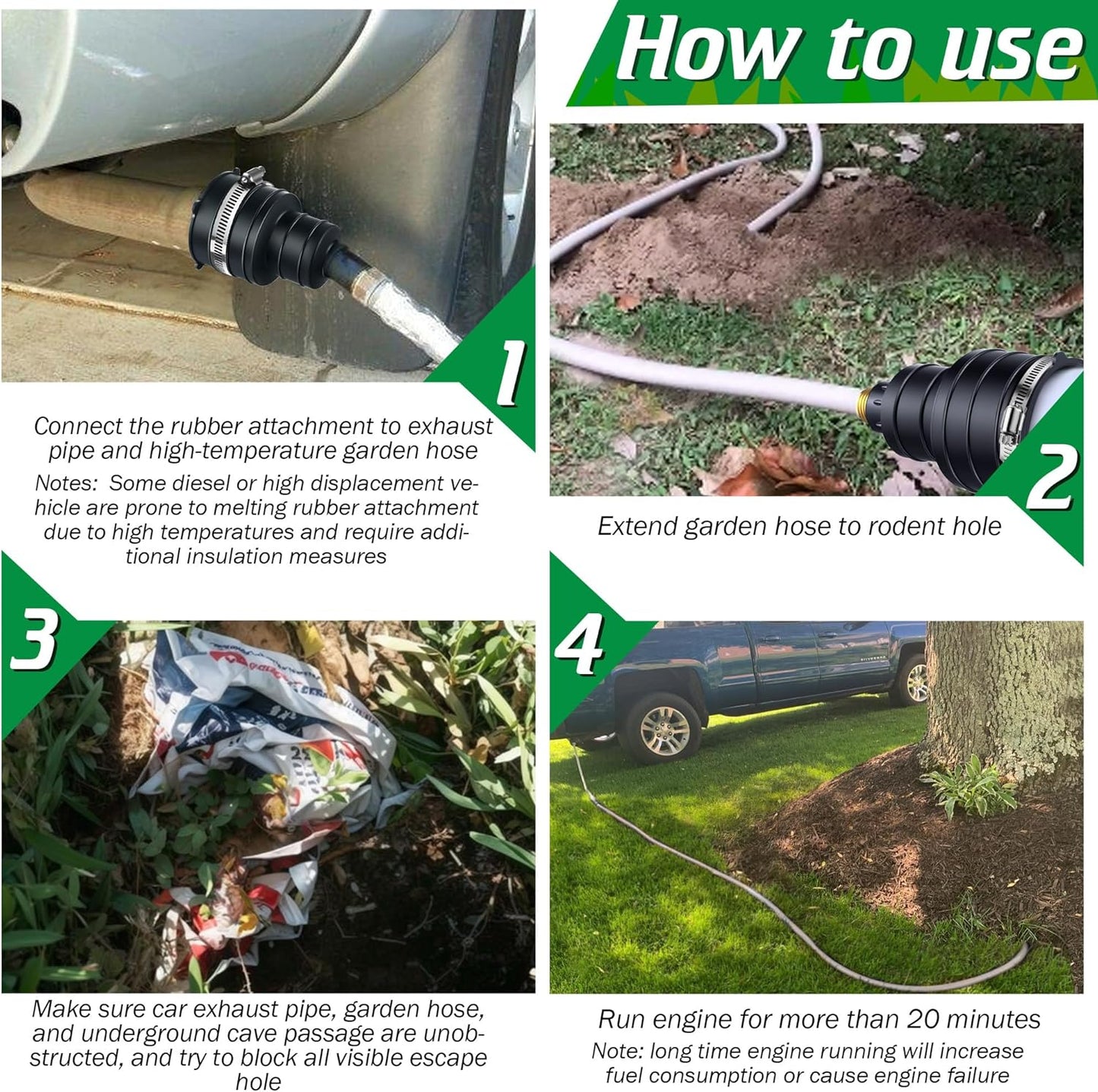 Qualirey Pest Control Exhaust Pipe Attachment with 2 Way Hose Splitter, Transport Exhaust from Car to Underground for Killing Outdoor Rodents Such as Moles, Gophers (Fit for Pipe in 2"-2.4"/3"-3.5")