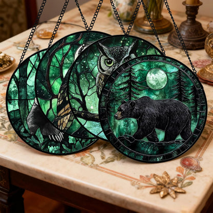 Stained Glass Window Hanging 4 Pcs Set Green Forest Night Sky Wildlife 6.3" - Suncatcher Door Garden Sun Catcher Decor Birthday for Mom Woman Nana Men Friend