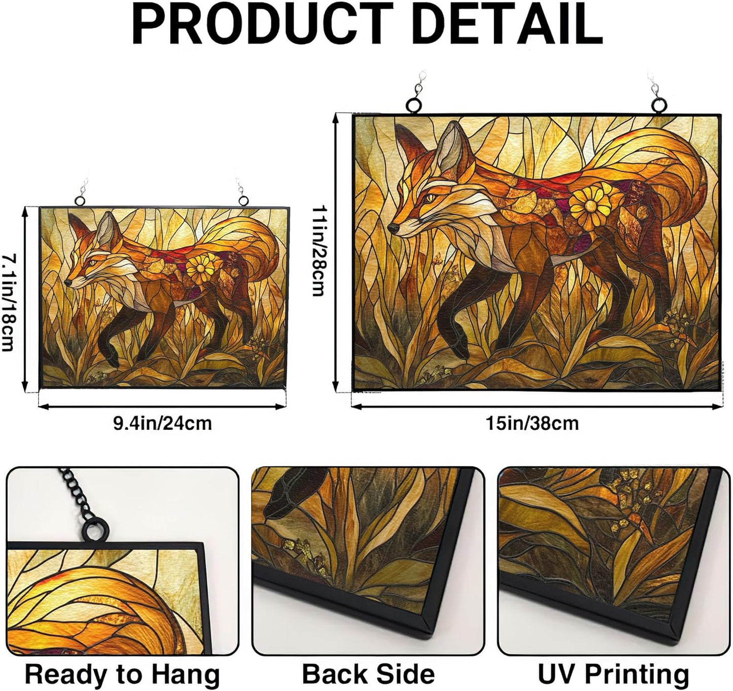 Personalized Rectangle Art Nouveau Golden Grass Fox Stained Glass Window Hangings, Handcrafted Stained Glass Suncatchers, Gift for Cat Lovers Nature Lovers 15"x11"