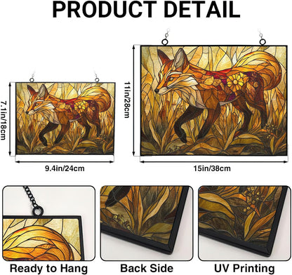 Personalized Rectangle Art Nouveau Golden Grass Fox Stained Glass Window Hangings, Handcrafted Stained Glass Suncatchers, Gift for Cat Lovers Nature Lovers 15"x11"