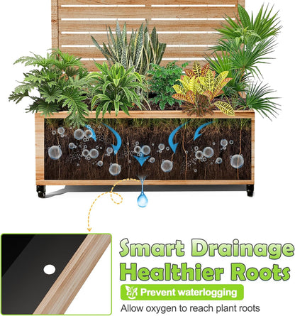 15.7"×70.9"×35.4" Metal Raised Garden Bed with Trellis and Wheels - Tall Trellis Planter Box for Climbing Plants, Vegetables & Vines - Outdoor Privacy Planters for Patio (Acacia Wood Grain-Louvered)