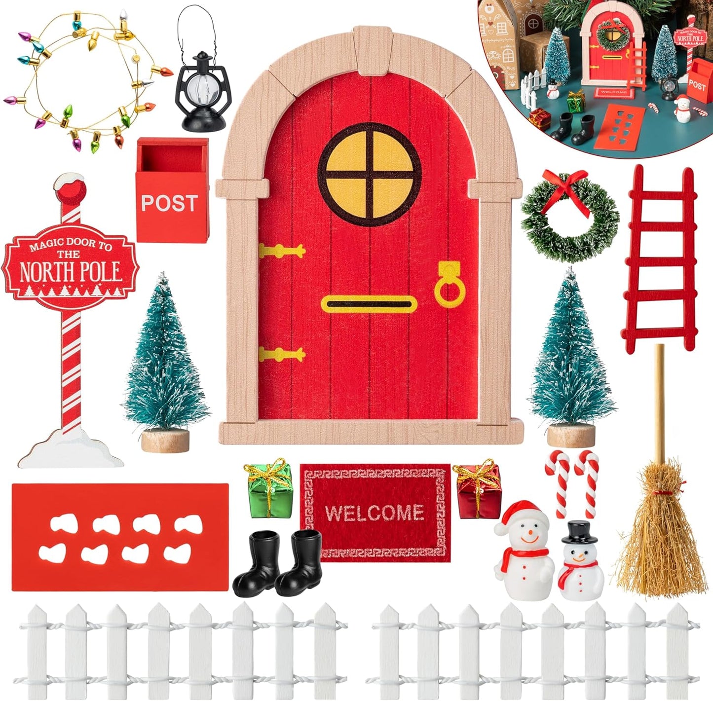 Haooryx Christmas Miniature Fairy Door - 22Pcs Christmas Winter Magic Wooden Miniature Fairy Doors Accessories Elf Magic Door Wall Fairies Magical Door Decoration Xmas Party Outdoor Decor (Wood Edge)