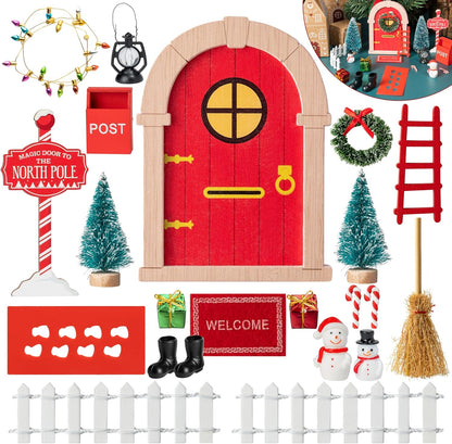 Haooryx Christmas Miniature Fairy Door - 22Pcs Christmas Winter Magic Wooden Miniature Fairy Doors Accessories Elf Magic Door Wall Fairies Magical Door Decoration Xmas Party Outdoor Decor (Wood Edge)