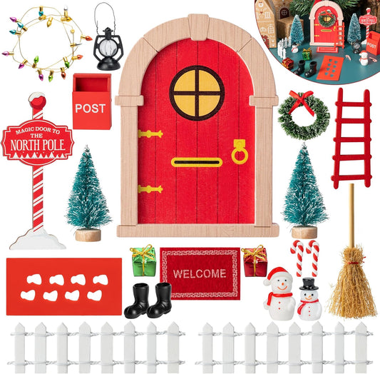 Haooryx Christmas Miniature Fairy Door - 22Pcs Christmas Winter Magic Wooden Miniature Fairy Doors Accessories Elf Magic Door Wall Fairies Magical Door Decoration Xmas Party Outdoor Decor (Wood Edge)