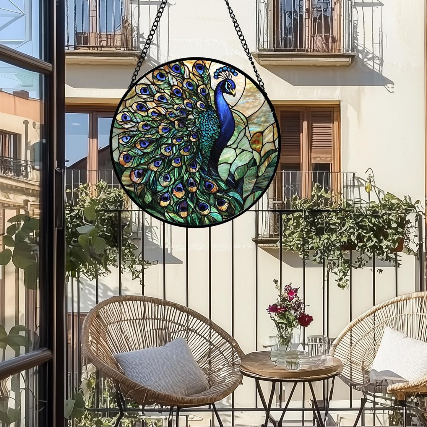 Stained Glass Window Hanging, Blue Green Peacock Decor Suncatcher for Door Garden Home Decoration Bird Sun Catchers Christmas Mother's Day Birthday Gifts for Women Men Mom Nana Friend 6.3 in