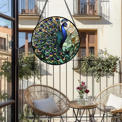 Stained Glass Window Hanging, Blue Green Peacock Decor Suncatcher for Door Garden Home Decoration Bird Sun Catchers Christmas Mother's Day Birthday Gifts for Women Men Mom Nana Friend 6.3 in