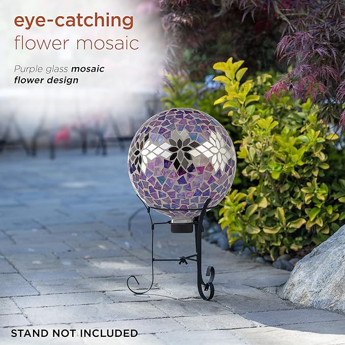 Alpine Corporation 10" Diameter Indoor/Outdoor Glass Mosaic Gazing Globe Yard Decoration, Purple Mosaic Flower Design