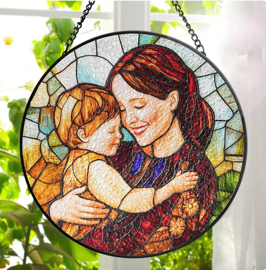 LOVELYPOD Custom Mom Faux Stained Glass Sun Catcher, Personalized Family Portrait Window Hanging